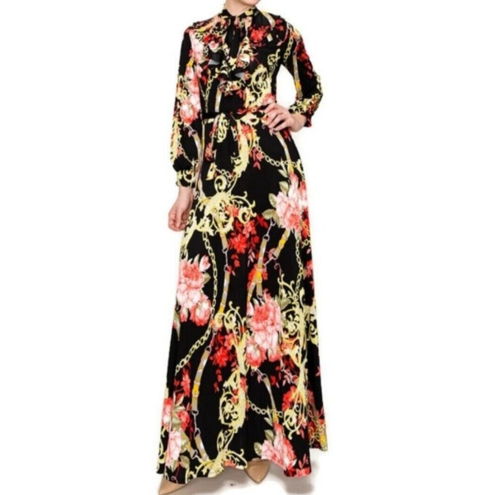 Janette Fashion Red Floral Chain Ruffle Bow Tie Bell Long Sleeve Maxi Dress